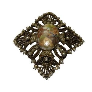 Vintage gold pearl beaded art pendant brooch pin